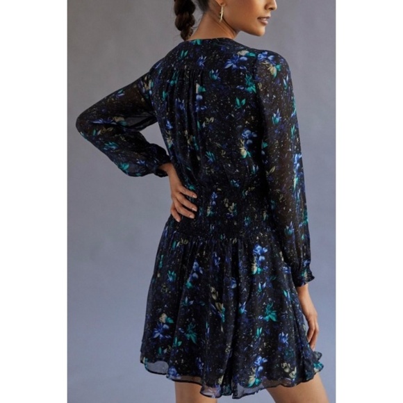 Anthropologie Ruched Mini Floral Dress - Blue Motif - Full Lined - Medium - Picture 2 of 10